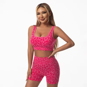 Leopard Print Yoga Set Women 2 Piece Crop <b>Top</b> High Waist Shorts Breathable Spandex Polyester Workout Outfit Square Neck - Product Image 2