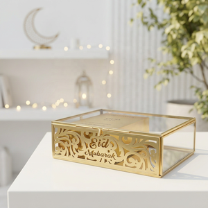 2027 Latest Luxury <b>Eid</b> <b>Gifts</b> Brass Framed Glass Storage <b>Box</b> with <b>Eid</b> Mubarak Cutout - Product Image 1
