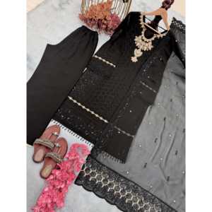 Conjunto de traje de diseñador para mujer Pure Heavy Faux Georgette Top & Plazzo con Dupatta para ropa de fiesta - Product Image 1