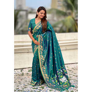 Sari en soie Pichwai tissé en zari vert, robes de soirée élégantes - Product Image 2