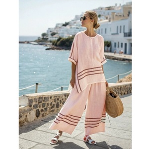 Women's <b>Linen</b> Striped 2-Piece Set Loose Fit O-Neck <b>Top</b> Full Length Pants Casual Spring Summer Breathable Woven Knitted Outfit - Product Image 5