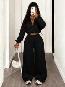 OEM Customized <b>Crop</b> <b>Top</b> Zip-Up Jacket Two Piece Joggers Set Hoodies Adjustable Waist Drawstrings Cropped Cut Elegant Casual Chic - Product Image 4