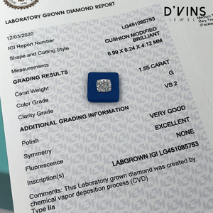 เพชร D'VINS JEWELS 1.55 กะรัต ทรงคุชชั่น เพชรเลี้ยงในห้องปฏิบัติการ สี G ความสะอาดระดับ VS2 รับรองโดย IGI เพชรเม็ดเดี่ยวสำหรับทำเครื่องประดับ - Product Image 5