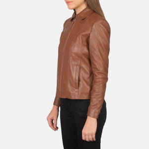 Women's Brown Genuine <b>Leather</b> Moto <b>Jacket</b> Turn-Down Collar Zipper Closure Slim Fit Autumn Style For Women - Product Image 2