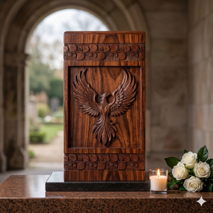 Wooden Cremation Urn Carved Phoenix Design Brown Adult Memorial Keepsake <b>Box</b> <b>for</b> <b>Ashes</b> Burial - Product Image 5