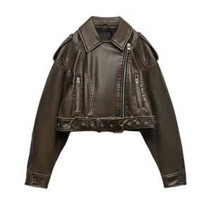 Chaqueta corta de cuero sintético PU para mujer, estilo vintage retro, holgada, con cremallera, para motociclista, ropa de calle, con cinturón, para invierno - Product Image 1