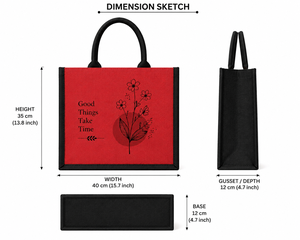 Red Jute Shopping <b>Bag</b> With Floral Design And "Good Things Take Time" Quote <b>Medium</b> <b>Size</b> Handheld Tote - Product Image 2