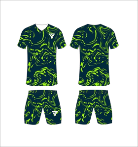 Conjunto de uniforme de fútbol sublimado personalizado para hombre con camiseta con estampado de remolinos en verde lima y verde azulado oscuro y pantalones cortos a juego - Product Image 5