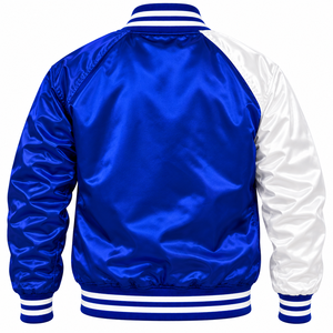 เสื้อแจ็คเก็ตวาร์ซิตี้ผ้าซาตินสีน้ำเงิน-ขาวสองสี ยี่ห้อ Phi Beta Sigma สำหรับผู้ชาย พร้อมตราสัญลักษณ์ตัวอักษรกรีกปักลาย ซิปเต็มตัว แบบริบบิ้น - Product Image 4