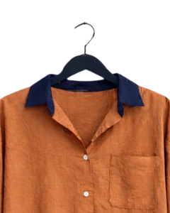 Ensemble deux pièces décontracté pour femme : chemise orange rouille et pantalon large bleu marine en coton et lin – Fabricant OEM personnalisé - Product Image 6