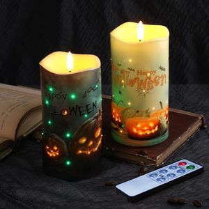 Eywamage Lot de 2 bougies LED citrouille effrayantes pour Halloween, à piles, télécommandées, sans flamme, à fibres optiques - Product Image 1
