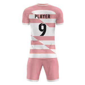 Ensemble de maillots de football personnalisés sublimés rose et blanc 100% polyester à manches courtes, respirant, col en V, uniforme de football unisexe pour adultes - Product Image 3