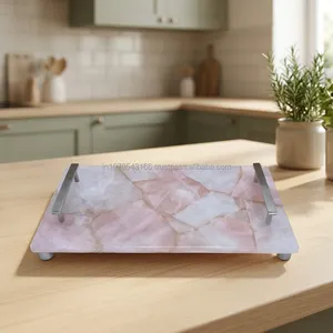 Handmade Pink Rose Quartz Stone Serving Tray with <b>Silver</b> Metal Handles Rectangular Decorative Kitchen <b>Coffee</b> <b>Table</b> Home Display - Product Image 2
