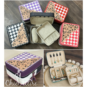 Travel Portable Jewelry <b>Boxes</b> Checkered Leather Storage Organizer Earring Holder Organizer <b>Tooling</b> Cowhide Leather Jewelry Case - Product Image 1