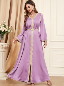 Uni <span class=keywords><strong>Top</strong></span> bán Chất lượng cao Phụ nữ hồi giáo v-cổ dài tay áo màu rắn abaya ăn mặc dài tay áo xếp li cô gái hiện đại abaya - Product Image 4