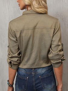 Chemise décontractée à manches longues pour femmes, chemisier à boutons, manches retroussables, couleur unie, à la mode, avec poches sur la poitrine, léger et respirant - Product Image 6