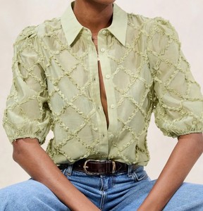 Blusa de Gasa Azul para Mujer con Diseño de Volantes de Diamantes, Cuello Camisero, Manga Corta Abullonada, Elegante Top de Primavera/Verano - Product Image 2