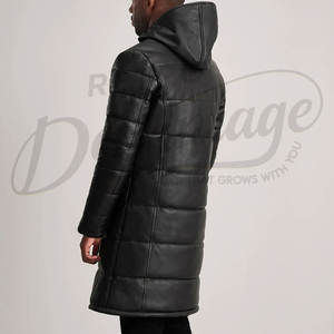 Manteau d'hiver matelassé long en similicuir noir pour homme, avec capuche, style parka rembourrée en similicuir de qualité supérieure - Product Image 2