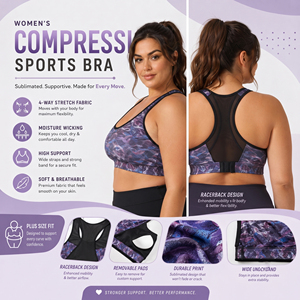 เสื้อชั้นในแบบ Racerback สำหรับผู้หญิงไซส์ใหญ่ ลายพิมพ์ สำหรับโยคะ รองรับทรงได้ดี ผลิตจากโพลีเอสเตอร์ 100% เสื้อครอปออกกำลังกายสำหรับผู้หญิง เสื้อชั้นในแบบรัดรูปสำหรับออกกำลังกาย - Product Image 2