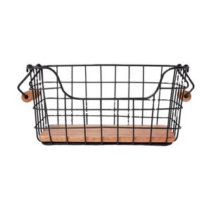 Elegante cesta de almacenamiento de alambre de metal con base de madera Diseño duradero para cocina Despensa Baño y organización del hogar - Product Image 1