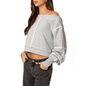 Sweat-shirts courts à manches longues en molleton 100% coton pour femmes, couleur unie, broderie personnalisée - Product Image 3