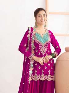 Traje Salwar de seda Chinon listo para usar, con bordado de diseño, trabajo de codificación de secuencias y trabajo de diamantes con espejo, completamente cosido. - Product Image 2