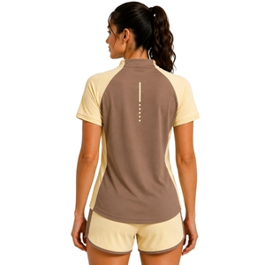 Conjunto deportivo de camiseta y pantalones cortos para mujer, color marrón beige, con media cremallera, de secado rápido, manga corta, para gimnasio, fitness, correr y entrenamiento. - Product Image 2