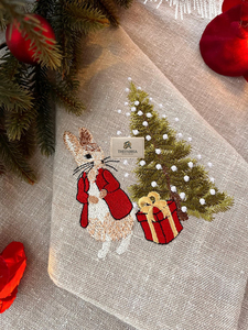 Luxury <b>Christmas</b> Handmade Embroidered 100% Linen Rectangle 6x6 Inch Dinner Napkin Bunny <b>Tree</b> Holiday <b>Table</b> Decoration Custom OEM - Product Image 6