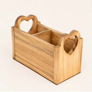 Porta cubiertos rústico de madera hecho a mano con asas con recorte de corazón, organizador de cubiertos vintage de 2 compartimentos y soporte para cucharas para comedor - Product Image 1
