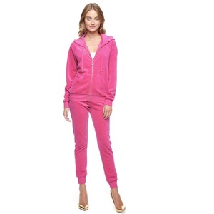 Active Jogging Women's Velvet Slim Fit Blank Hooded Tracksuit Full Front Zipper Hoodie Survetement Velour Plain Blank Sweat Suit - Product Image 6