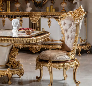 Juego de Mesa de Comedor Rectangular de Madera de Teca Dorada de Lujo, Estilo Europeo Clásico Tallado, Ecológico, Duradero, Muebles de Comedor para Hotel - Product Image 5