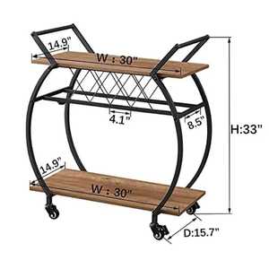 Chariot de bar ovale à 2 niveaux Skies Trader en bois avec cadre métallique incurvé, porte-verres à vin, chariot de service roulant pour cuisine, chariot mobile - Product Image 1