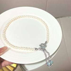 Collier en perles d'eau douce de 7-8 mm en gros pour femmes, chaîne de clavicule à pampilles, avec bijoux cadeau, collier de niche frais - Product Image 1