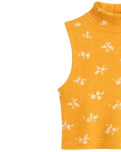 Top Corto Personalizado Amarillo Mostaza con Estampado Floral, Cuello Alto, Sin Mangas, Ajustado, Elástico, Verano, Casual, para Mujer - Product Image 3