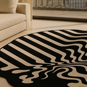 Alfombra de Lana Hecha a Mano, Diseño Abstracto Negro y Beige, Alfombra Moderna Irregular de Estilo Mid-Century, Decoración Abstracta Contemporánea para el Hogar - Product Image 6