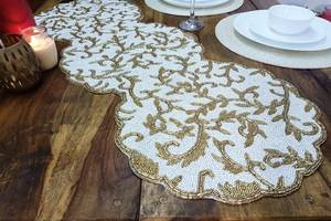 Embroidered Cotton Table <b>Runner</b> Plant Pattern Classic Style Beige Gold Home Decor <b>Washable</b> - Product Image 3