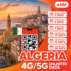 Carte SIM électronique illimitée pour l'Algérie – Données illimitées 3/5/7/10/15/30 jours – Code QR Internet de voyage 4G/5G, livraison instantanée par e-mail - Product Image 1