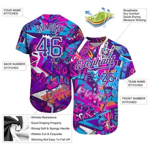 Maillot de softball pour femme, motif graffiti personnalisé, violet et blanc, respirant, anti-humidité, vêtements de sport professionnels pour équipe - Product Image 2