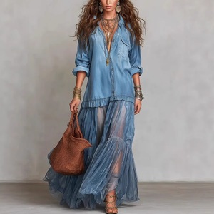 Robe longue en jean pour femme, motif floral numérique, volants, sans manches, coupe ample, taille naturelle, tissée, style A-line, pour l'été, les fêtes et les loisirs - Product Image 1