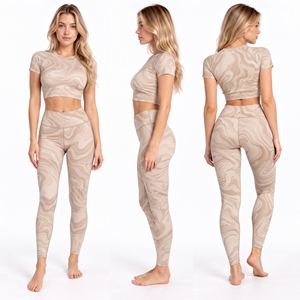 Ensemble de vêtements de yoga pour femmes, 2 pièces, haut court à manches courtes imprimé et leggings longs, 100% polyester, ensemble de sport rapide pour la salle de sport, pour femmes - Product Image 5