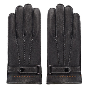 Gants de vélo en cuir thermiques tactiles longs jusqu'au poignet non doublés noirs unis pour usage quotidien en hiver - Product Image 5