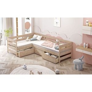 Letto a piattaforma a L naturale per bambini, con tre cassetti contenitore, misura Twin - Product Image 4