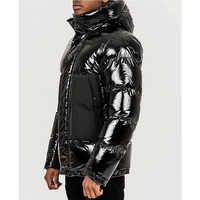 Custom Men's Glossy Hooded Puffer Jacket Full Zip Insulated Winter Coat Warm Lightweight Brown Black Premium Leather Streetwear