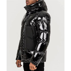 Custom Men's Glossy Hooded Puffer <b>Jacket</b> Full Zip Insulated <b>Winter</b> Coat Warm Lightweight Brown Black Premium <b>Leather</b> Streetwear - Product Image 6