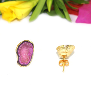 Goran Vogue Classic Design Pink Geode Druzy Gemstone 18K Gold Plated <b>Brass</b> Women's Anniversary Gift Skeleton Stud Earrings - Product Image 4