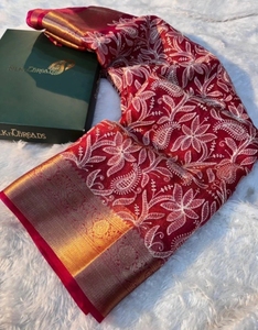 KV Traditional Embroidered Banarasi Silk Organza <b>Saree</b> (<b>Red</b>) for Party - Product Image 1