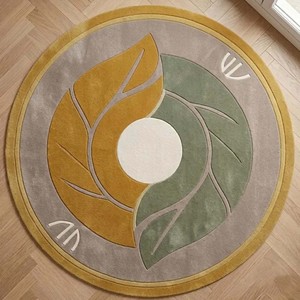 Mustard <b>Round</b> Hand Tufted Area Rug Abstract Botanical Leaf Design Luxury Soft Woolen <b>Carpet</b> for Living Room Bedroom Home Decor - Product Image 1