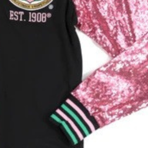 Custom Black Pink Green Varsity Cardigan <b>Jacket</b> Long Sleeve <b>Sequin</b> Sleeve Button Front V Neck Ribbed Trim Fashion Teamwear - Product Image 2