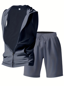Men's Solid Hooded Sleeveless Vest Shorts Set Gray Cotton French Terry Summer Casual Breathable Sport Outfit 2Pcs Made - Product Image 3