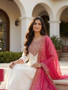 <b>White</b> Embroidered Silk Kurta <b>Palazzo</b> Set Pink Dupatta Traditional Indian Pakistani Women Casual Wear Ankle Length Regular Fit - Product Image 3